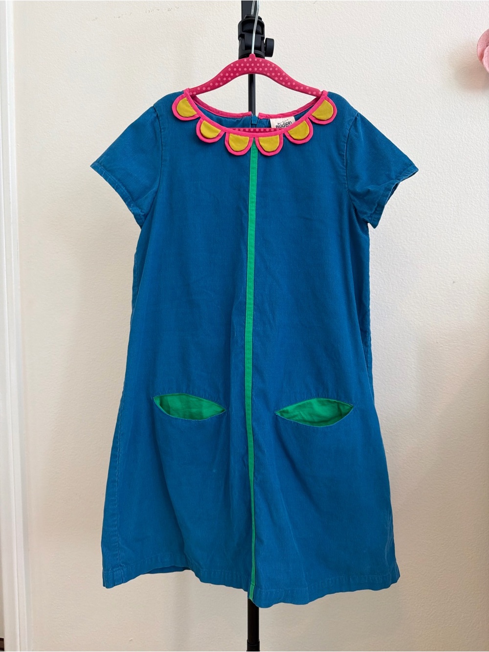 Mini Boden Teal Blue Corduroy Dress with Pink & Yellow Scallop Collar